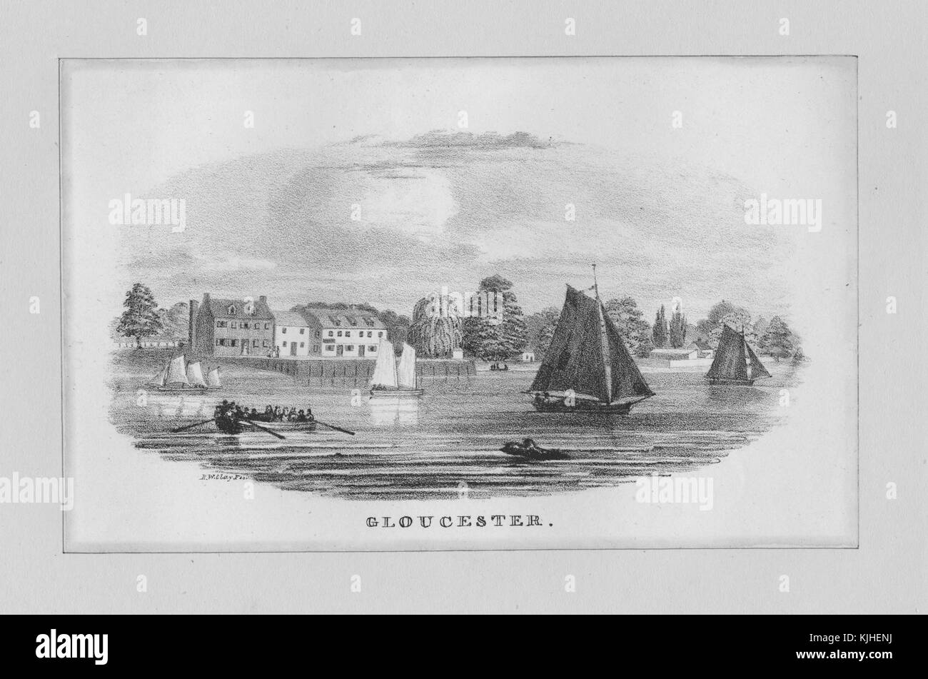 Lithograf mit Blick auf Gloucester, eine Stadt-, Bezirks- und Bezirksstadt von Gloucestershire im Südwesten Englands, liegt in der Nähe der walisischen Grenze. Und auf dem Fluss Severn können vom Wasser aus Bauwerke am Ufer gesehen werden, Boote und Menschen auf einem Kanu im Wasser, England, 1800. Aus der New York Public Library. Stockfoto