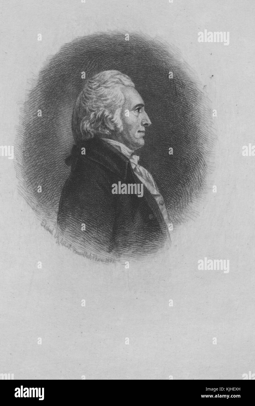 Ein Stich nach einem Porträt von Gabriel Duvall, war er Associate Justice des Obersten Gerichtshofs der Vereinigten Staaten von 1811 bis 1835, diente er auch eine einzige Amtszeit als Mitglied des Repräsentantenhauses der Vereinigten Staaten von Maryland, 1800. Aus der New York Public Library. Stockfoto