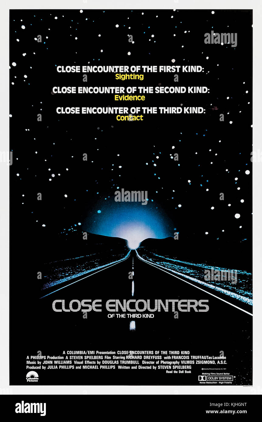 Close Encounters of the Third Kind (1977) von Steven Spielberg mit Richard Dreyfuss, Francois Truffaut und Teri Garr. Kontakt mit Außerirdischen und Kartoffelbrei. Foto: Original-Poster aus dem Jahr 1977, NUR FÜR REDAKTIONELLE ZWECKE. Quelle: BFA / Columbia Pictures Stockfoto