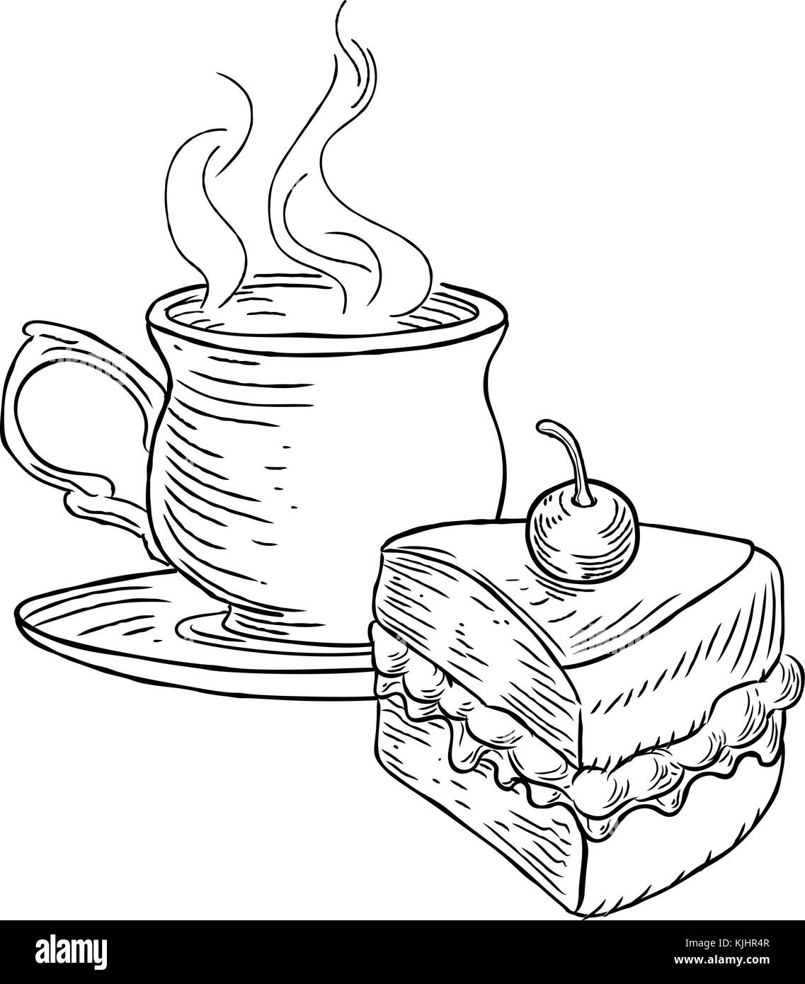 Tasse Tee und Kuchen im Vintage Retro-Stil Stock Vektor