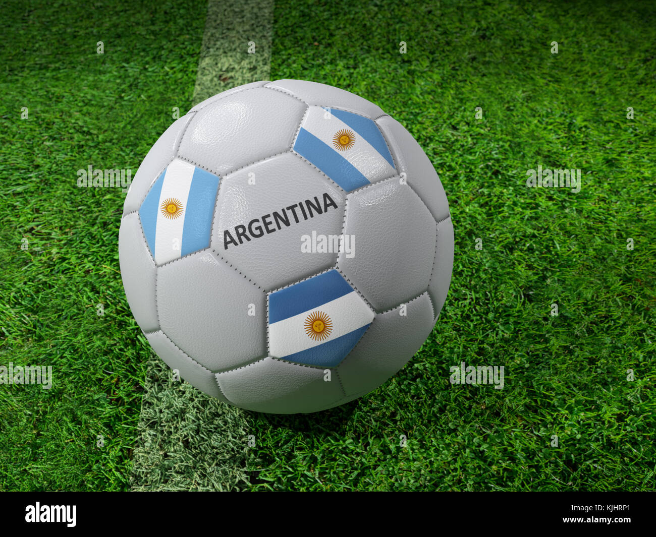 3D-Rendering des weißen Fußball mit aufgedruckten Argentinien Flagge Farben neben dem Pitch line Stockfoto