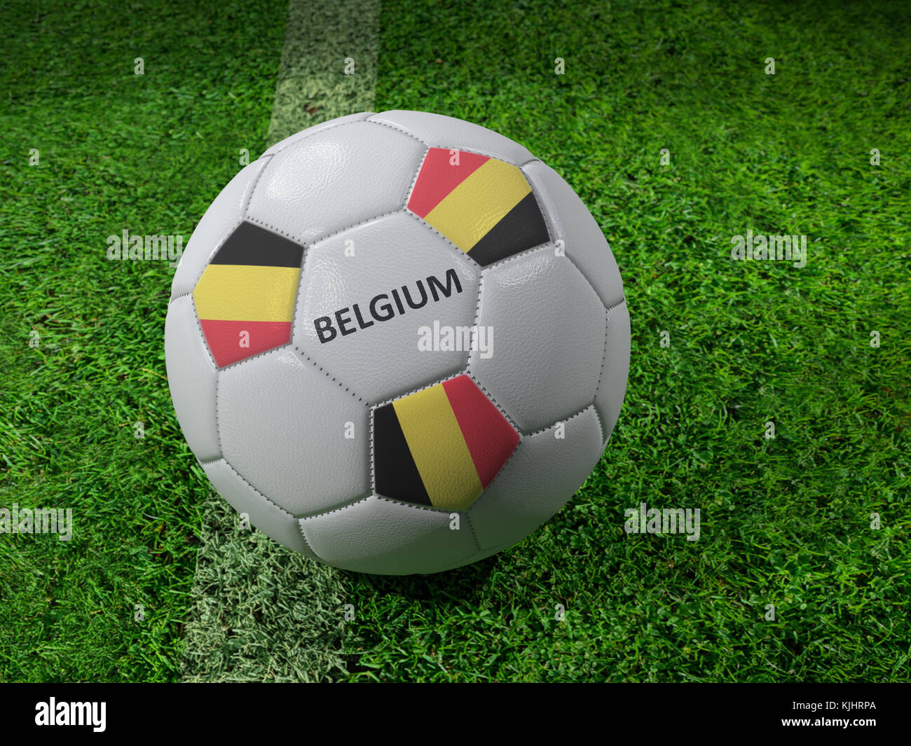 3D-Rendering des weißen Fußball mit aufgedruckten Belgien Flagge Farben neben dem Pitch line Stockfoto