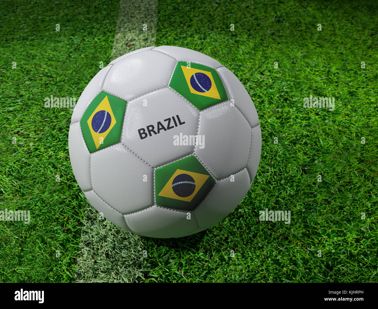 3D-Rendering des weißen Fußball mit aufgedruckten Brasilien Flagge Farben neben dem Pitch line Stockfoto