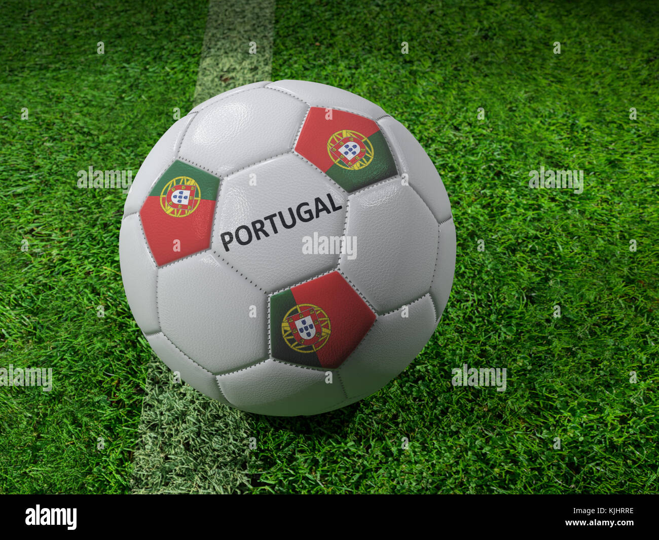 3D-Rendering des weißen Fußball mit aufgedruckten Portugal Flagge Farben neben dem Pitch line Stockfoto