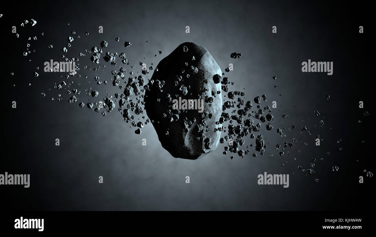 3DDarstellung der Asteroid im Raum schwebend mit Felsen umrunden