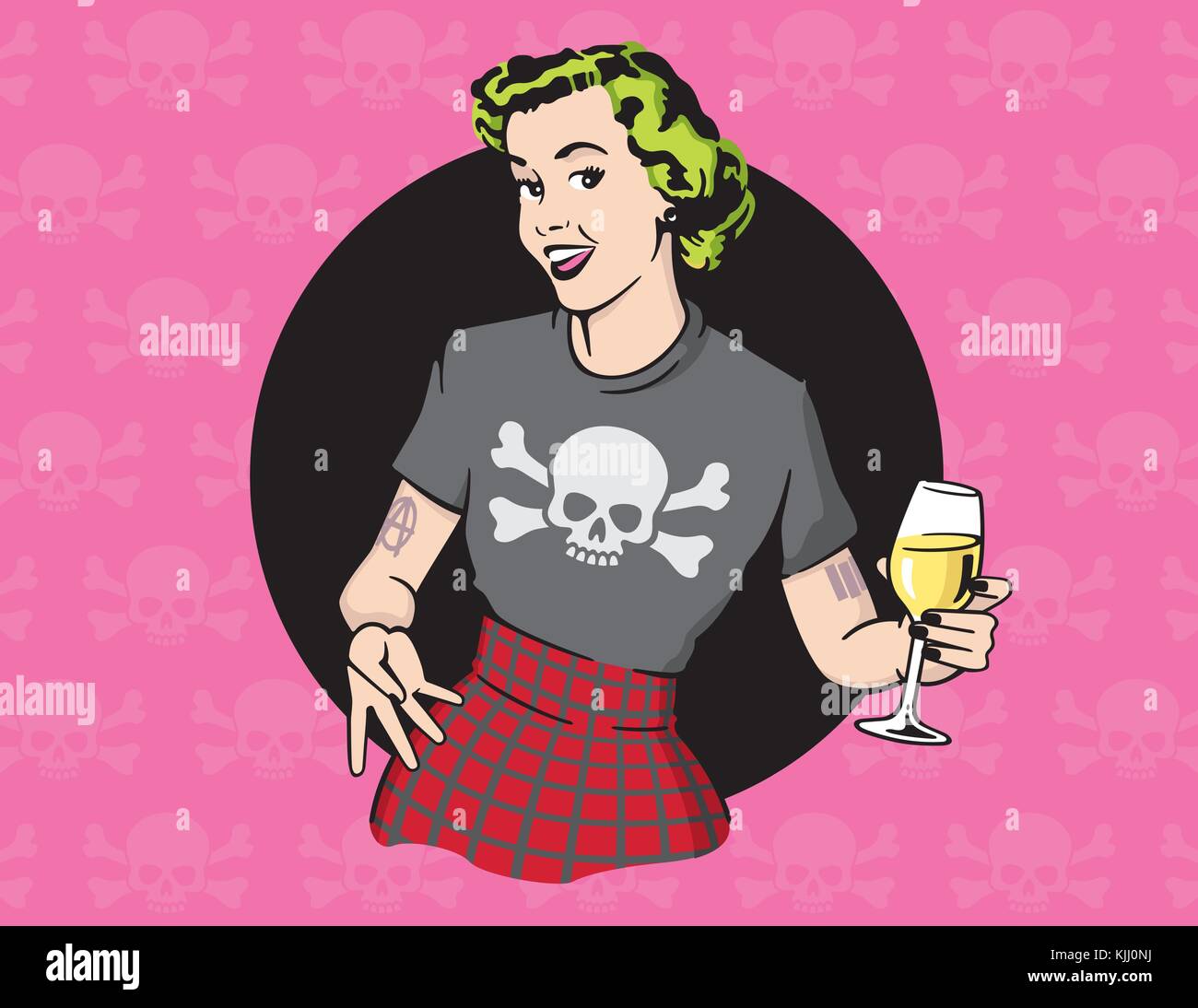 Retro Style punk rock Hausfrau vektor design Hausfrau Abbildung tragen punk rock kleidung, Wein trinken und am Schädel und Knochen Hintergrund. Stock Vektor