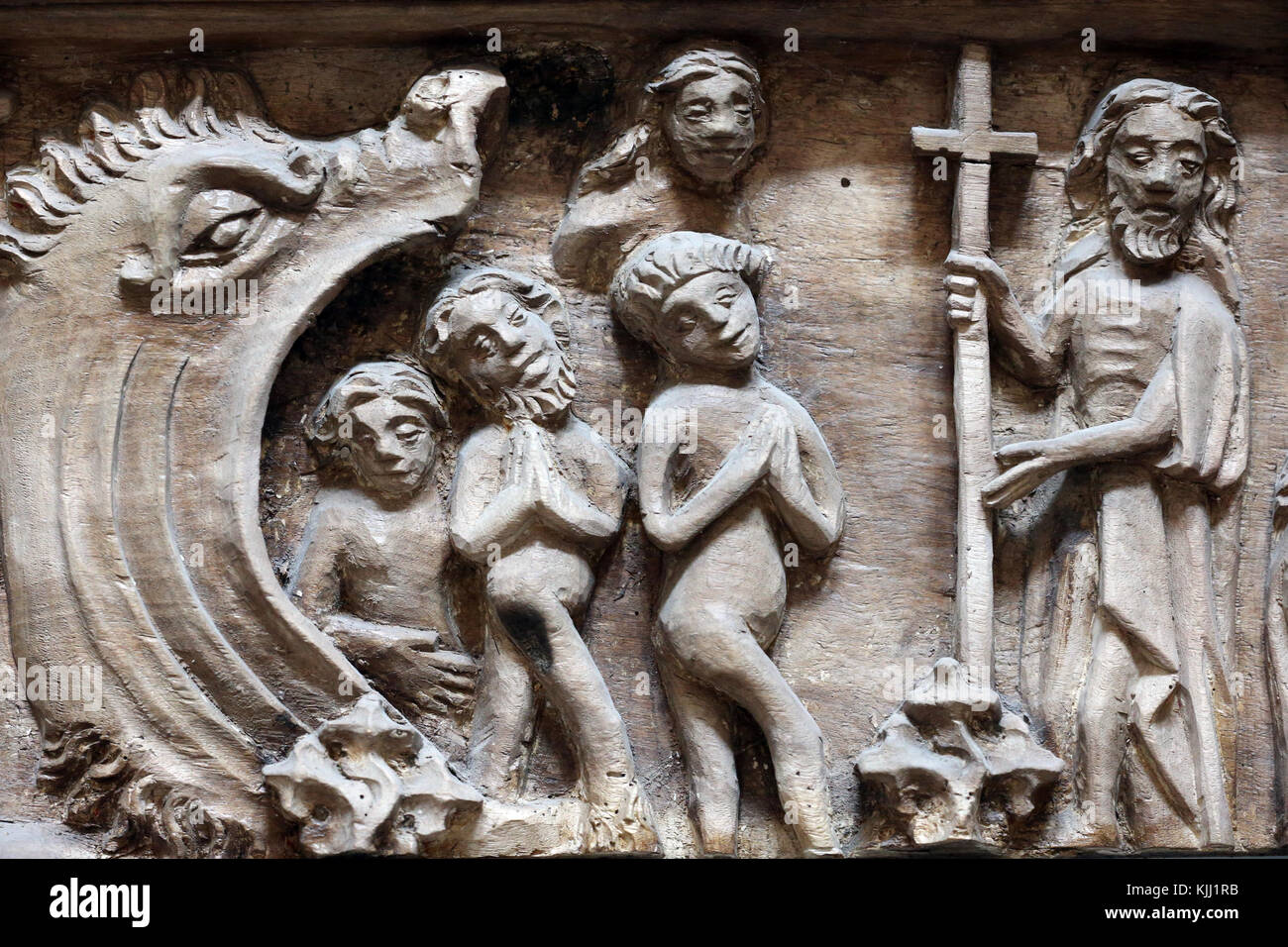 Die Abtei von Saint-Germain d'Auxerre. Passion Jesu. Der Abstieg in die Hölle. Holz geschnitzt. 15. Jahrhundert. Frankreich. Stockfoto