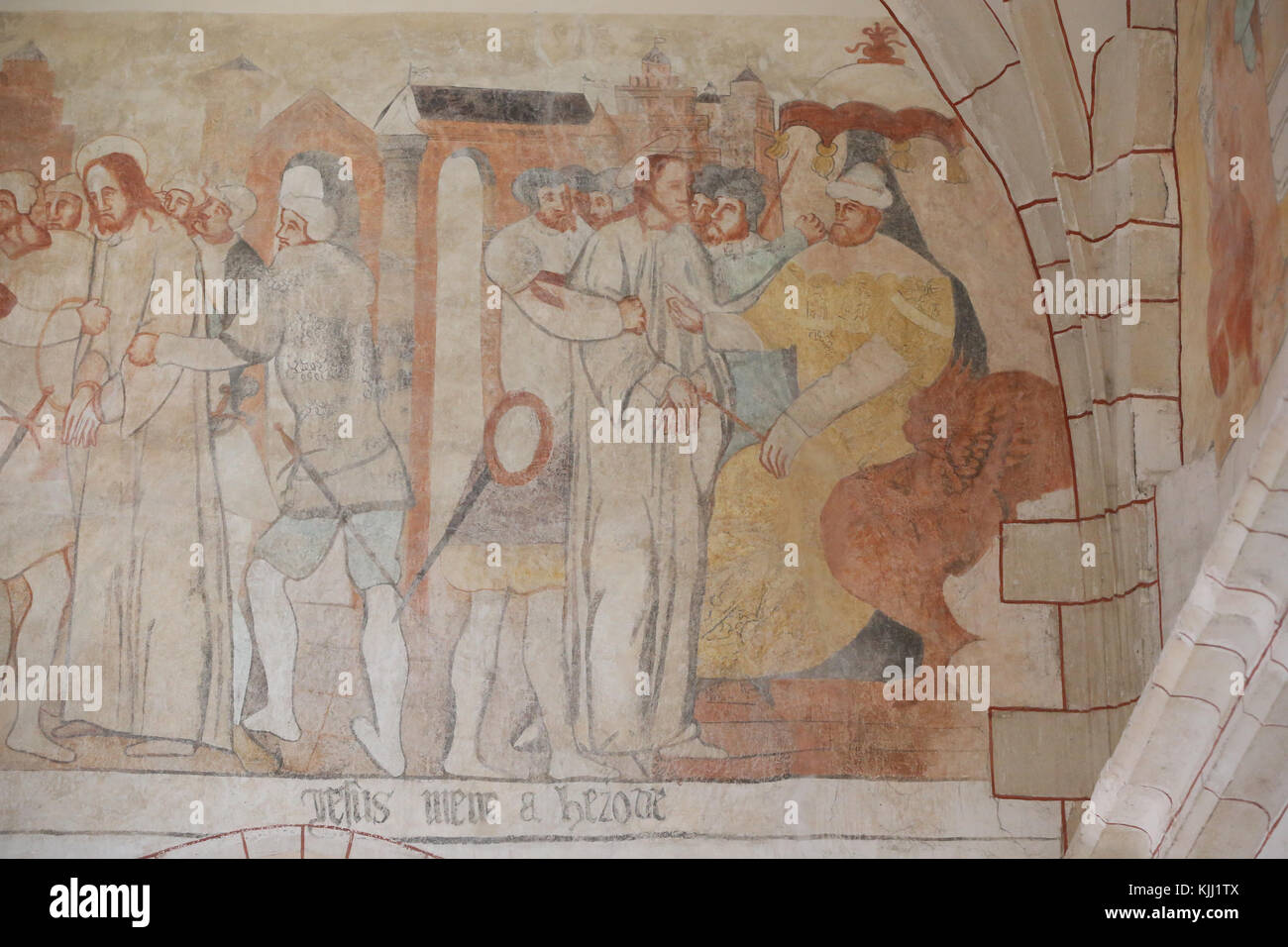 Vault de Lugny Kirche. Wandmalerei aus dem 16. Jahrhundert. Christus in seinem Leiden. Jesus vor Herodes Antipas. Frankreich. Stockfoto