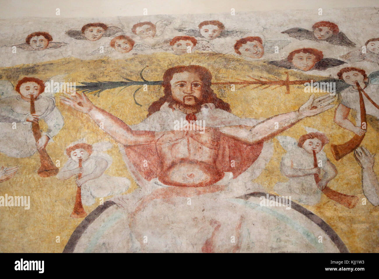 Vault de Lugny Kirche. Wandmalerei aus dem 16. Jahrhundert. Christus in seinem Leiden. Christus in Majestät. Frankreich. Stockfoto