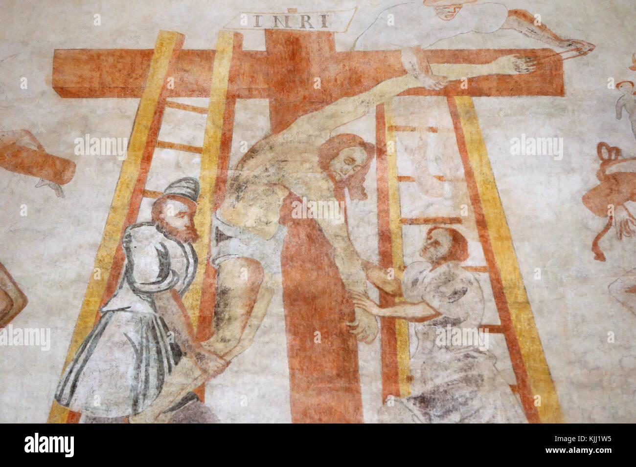 Vault de Lugny Kirche. Wandmalerei aus dem 16. Jahrhundert. Christus in seinem Leiden. Jesus wird vom Kreuz abgenommen. Frankreich. Stockfoto