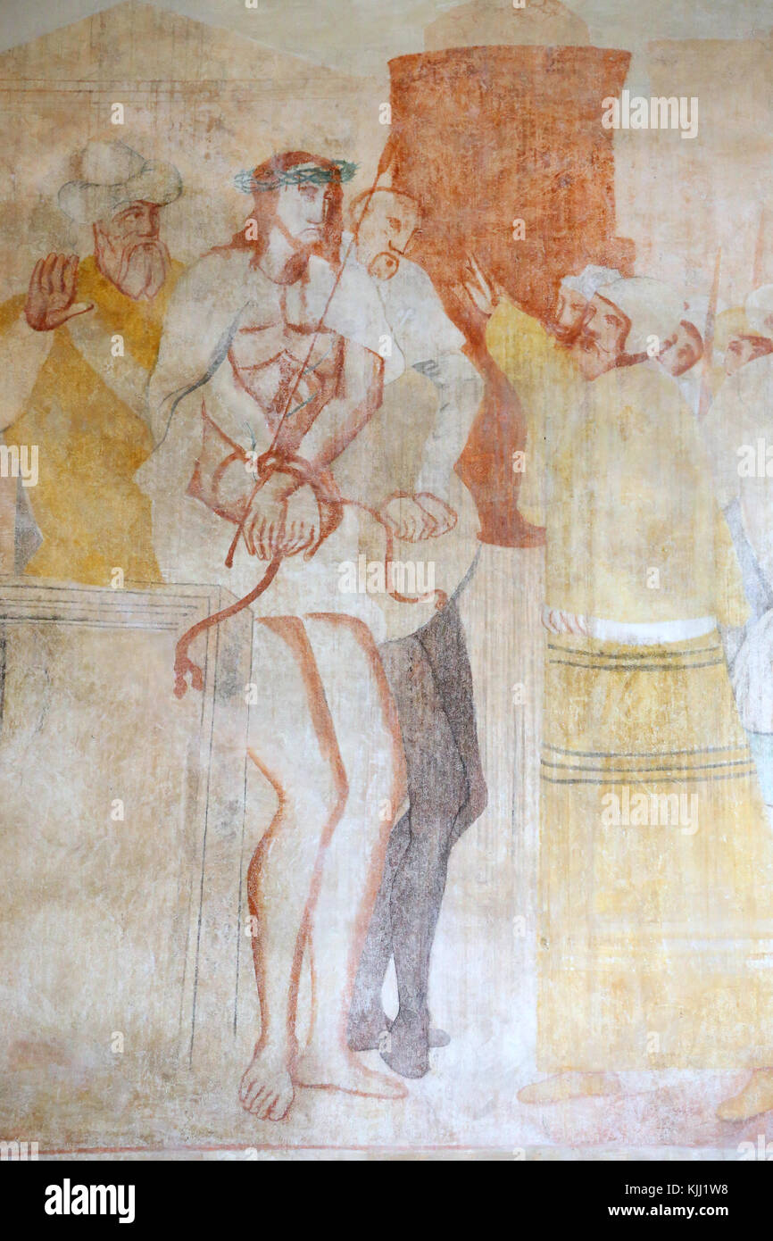 Vault de Lugny Kirche. Wandmalerei aus dem 16. Jahrhundert. Christus in seinem Leiden. Ecce Homo. Jesus, gebunden und mit Dornen gekrönt. Frankreich. Stockfoto