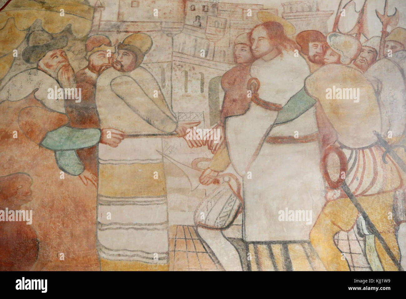 Vault de Lugny Kirche. Wandmalerei aus dem 16. Jahrhundert. Christus in seinem Leiden. Jesus verhaftet. Frankreich. Stockfoto