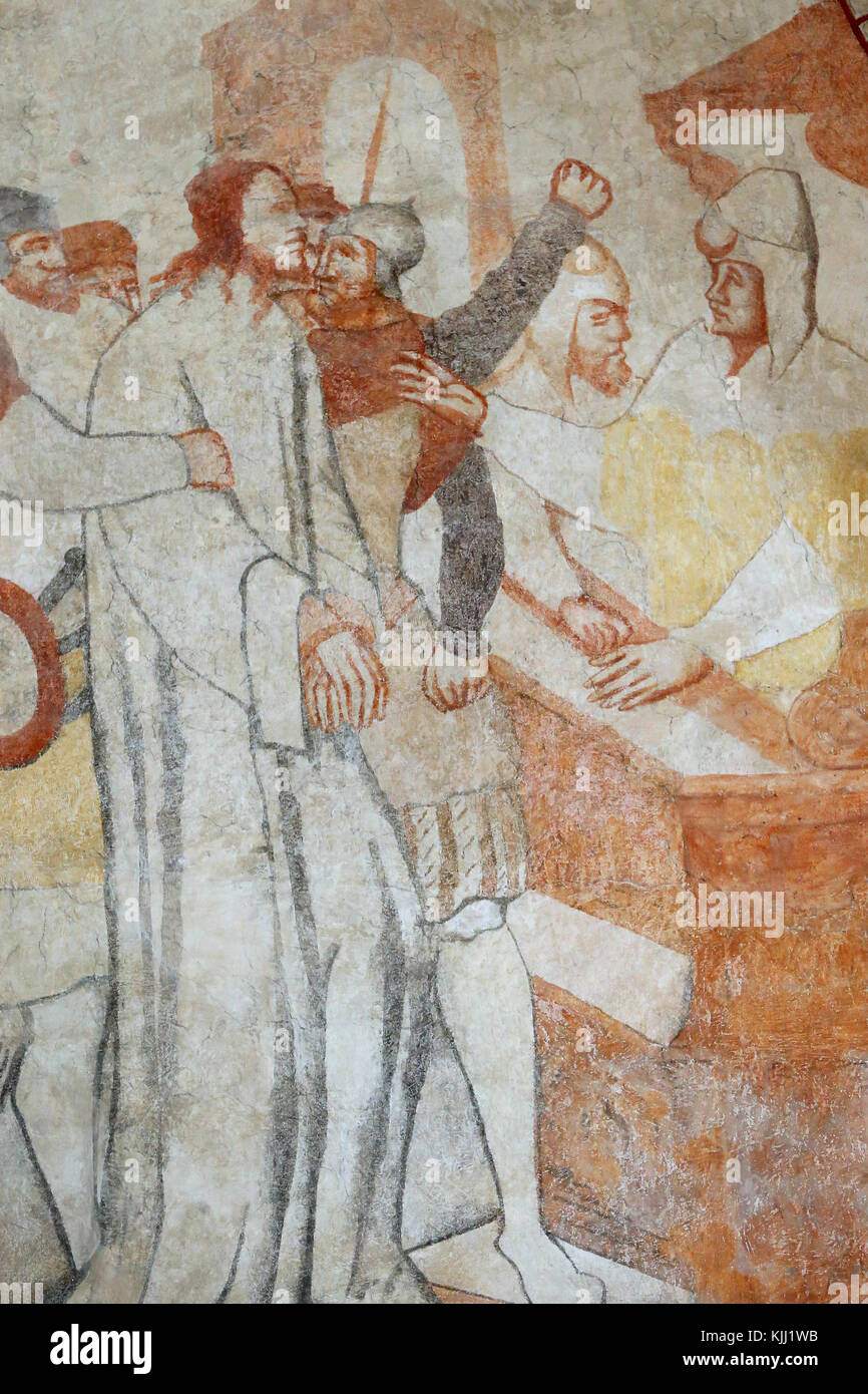Vault de Lugny Kirche. Wandmalerei aus dem 16. Jahrhundert. Christus in seinem Leiden. Jesus vor Kaiphas. Frankreich. Stockfoto