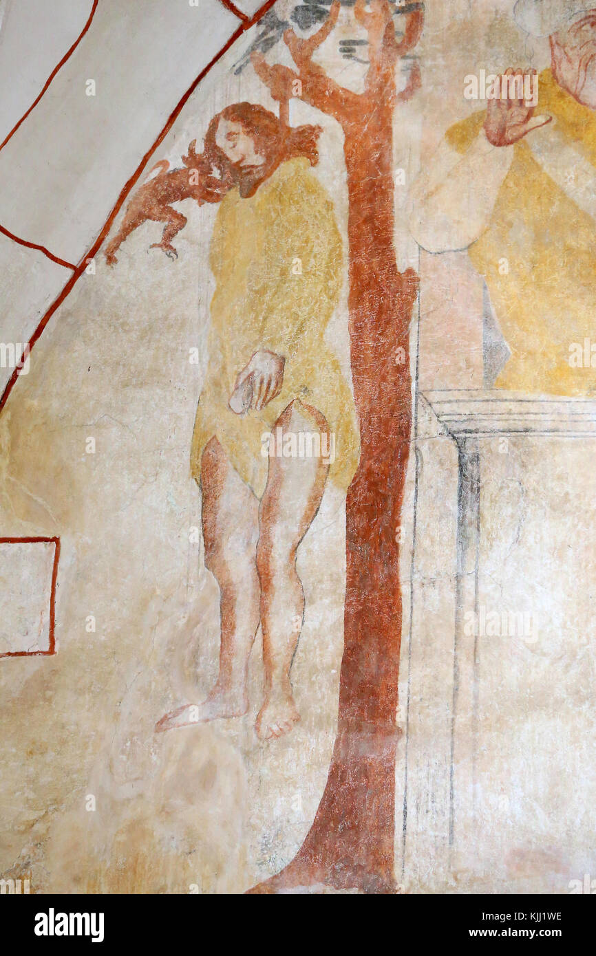 Vault de Lugny Kirche. Wandmalerei aus dem 16. Jahrhundert. Christus in seinem Leiden. Der Tod des Judas Frankreich. Stockfoto