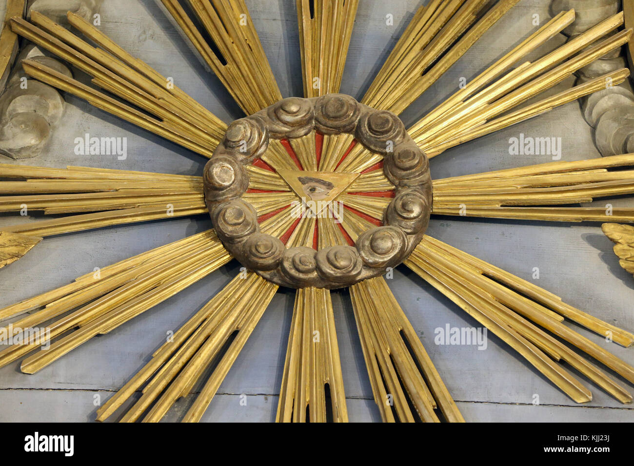 Les Plagnes barocke Kapelle. Das Auge der Vorsehung oder das allsehende Auge Gottes. Frankreich. Stockfoto