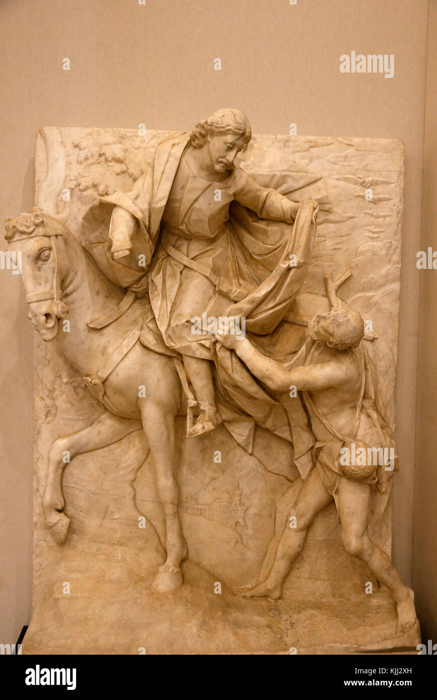 Die Kapitolischen Museen, Rom. Pietro Bernini. St. Martin teilt seinen Mantel mit einem Bettler. 1595-98. Hochrelief aus weißem Carrara-Marmor. Italien. Stockfoto