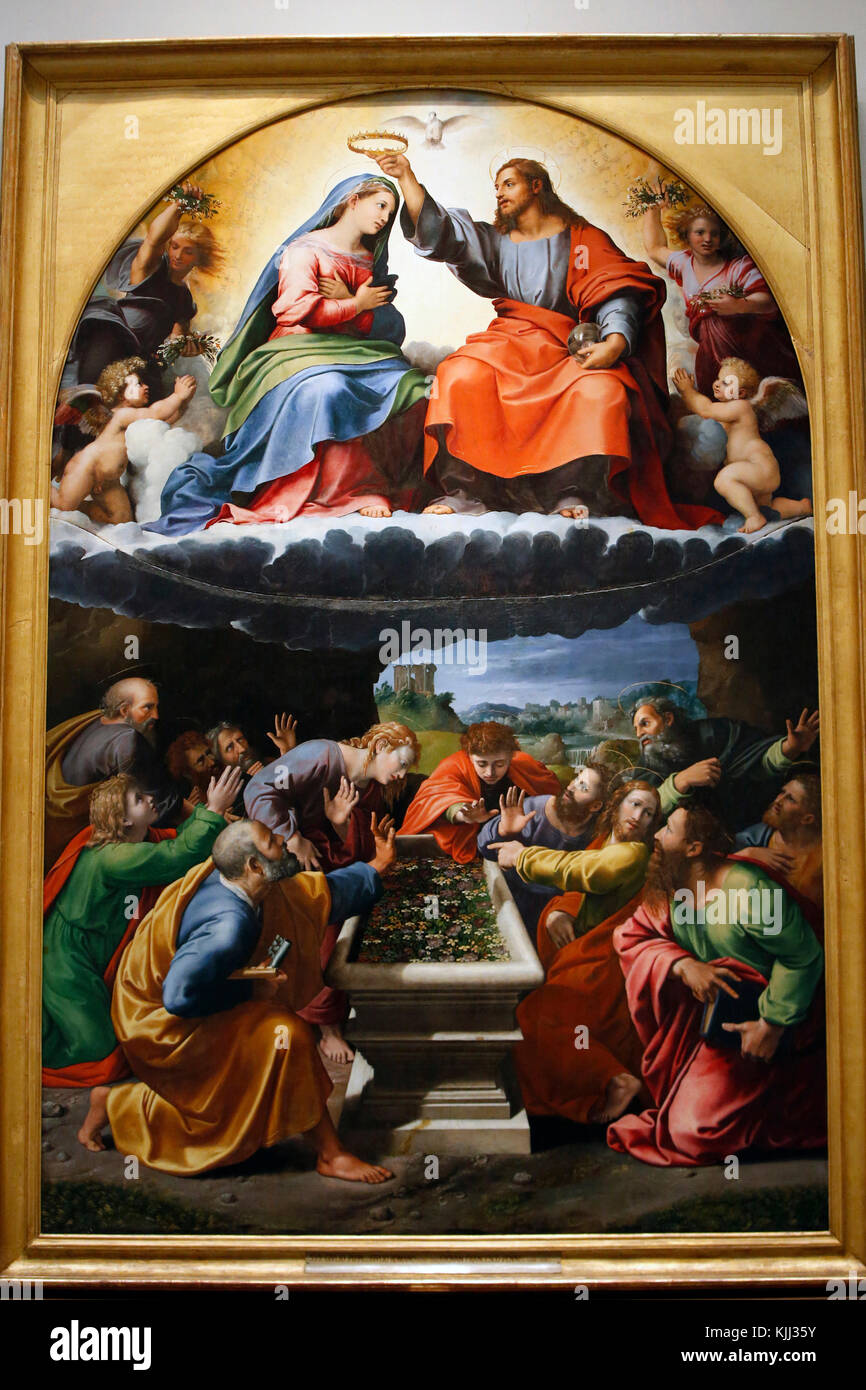 Vatikanische Museen, Rom. Raffaello Sanzio, Giulio Romano & Il Fattore, Krönung der Jungfrau Maria, die auch als 'Madonna di Monteluce" bekannt. Altarpie Stockfoto