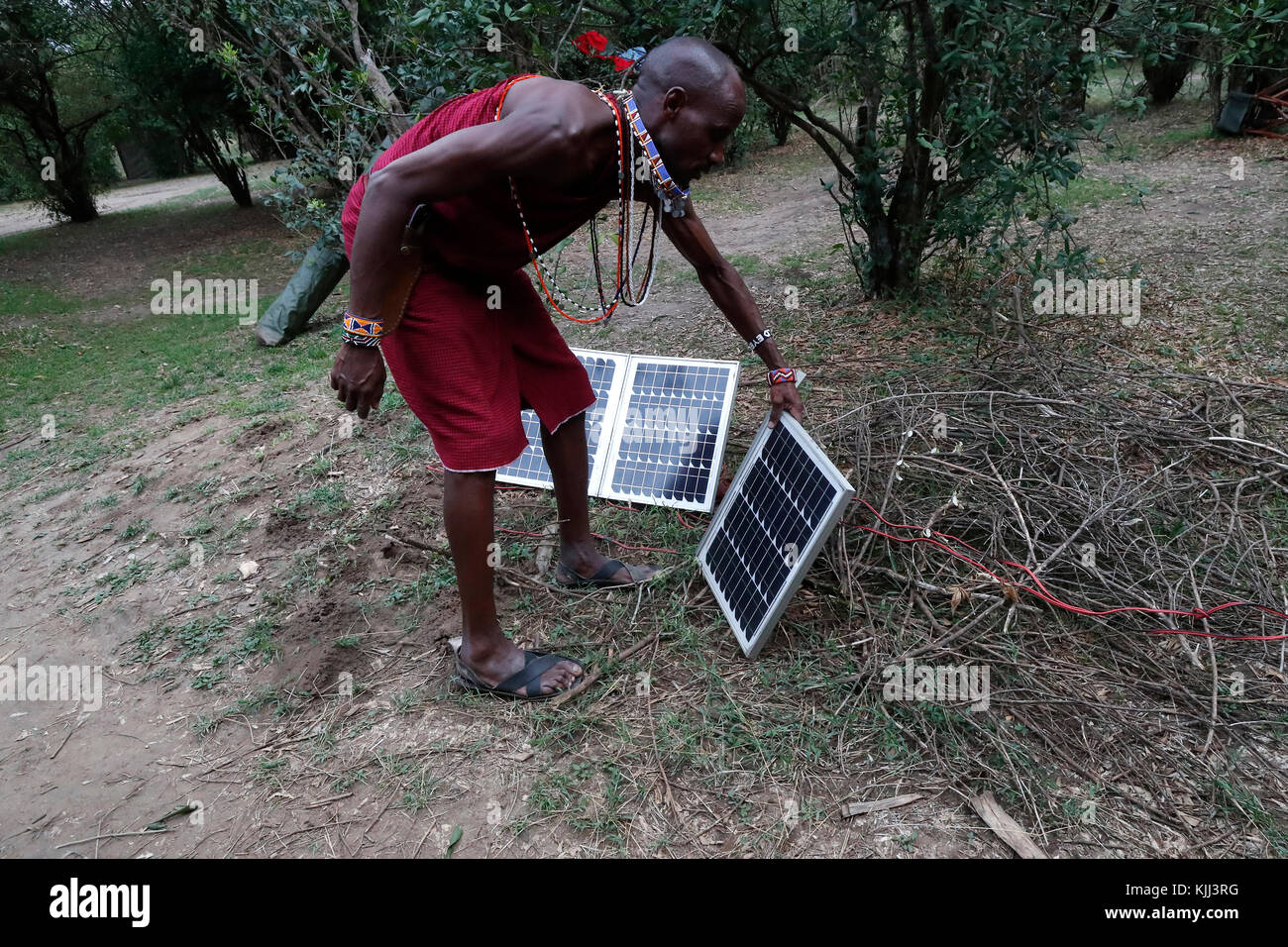 Solar Panel verwendet als alternative Energiequelle zu einem Safari Camp. Masai Mara Game Reserve. Kenia. Stockfoto
