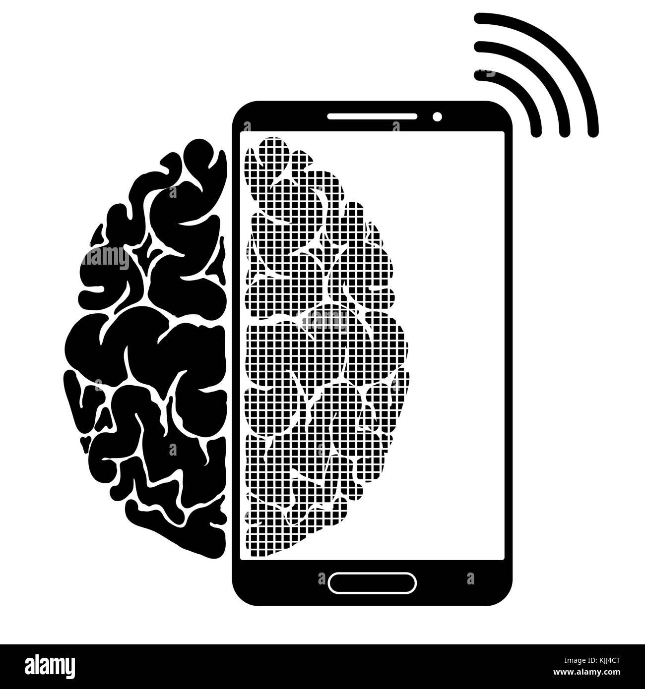 Eine konzeptionelle Zeichen oder das Logo zeigt eine Person s Abhängigkeit auf einem Smartphone, Gadget oder das Internet. starke Kommunikation des Gehirns und neue Technologien. Stock Vektor