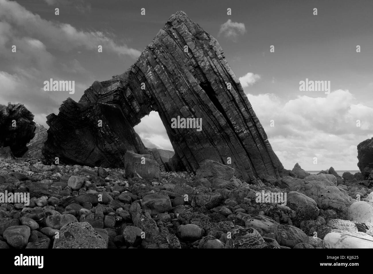 Schwarz-weiß Bild von Blackchurch Rock, Devon Stockfoto