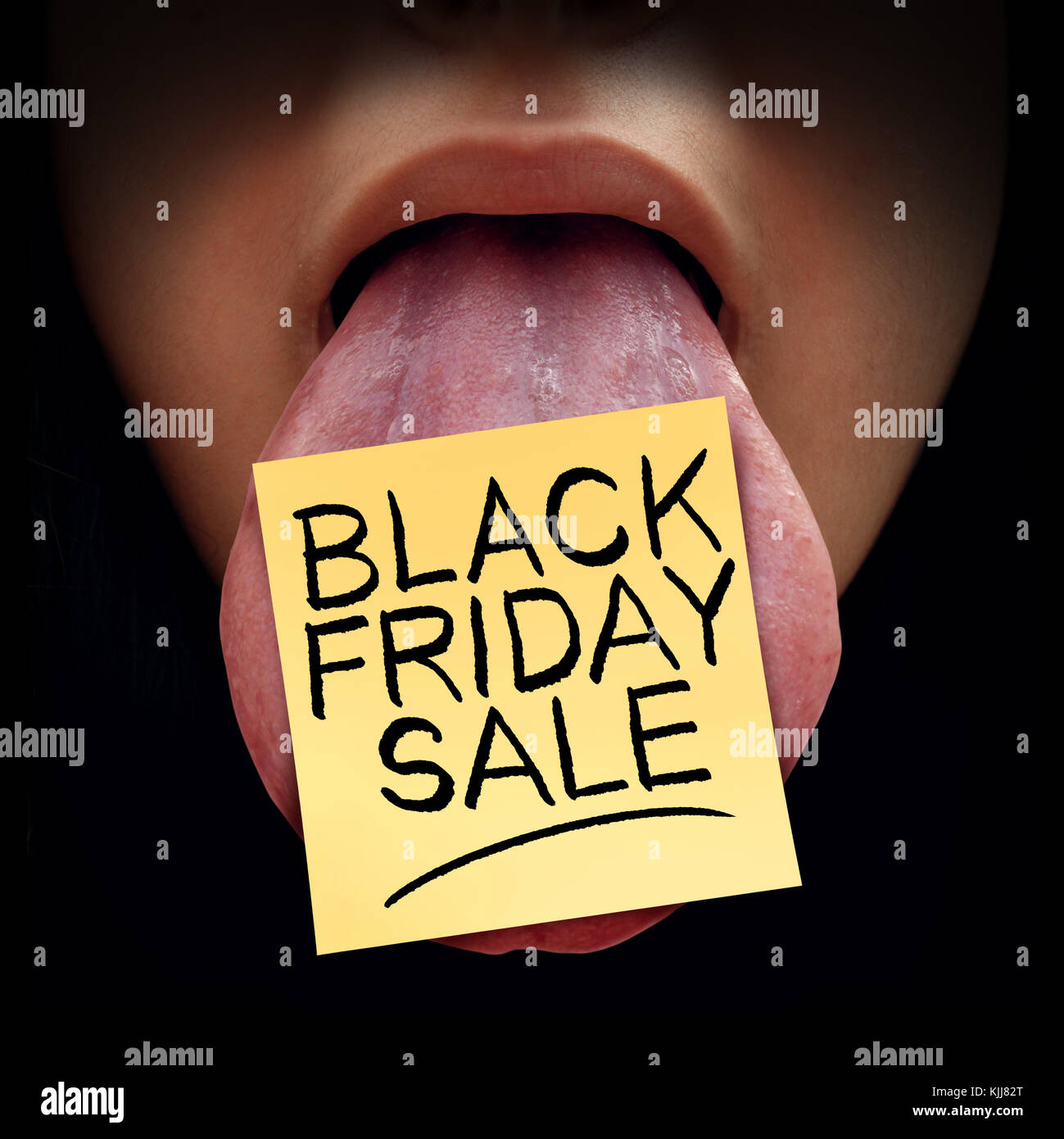 Schwarzer Freitag verkauf Werbemittel, Marketing und Werbung, wie eine Person mit einem Hinweis auf eine Zunge als Feiertag Vertriebskonzept. Stockfoto