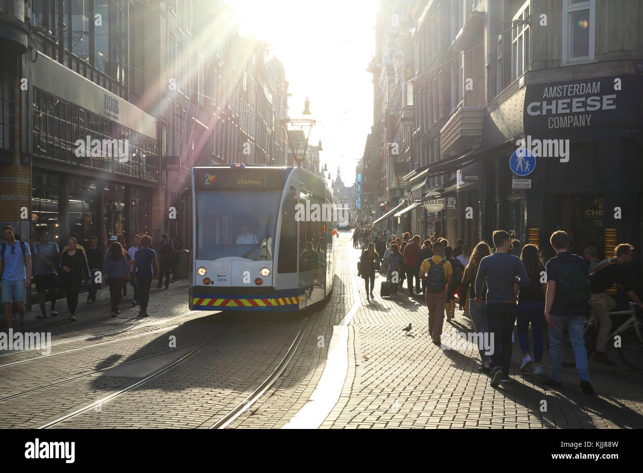 Herbst Sonne auf die Leidsestraat, in Amsterdam, in den Niederlanden Stockfoto