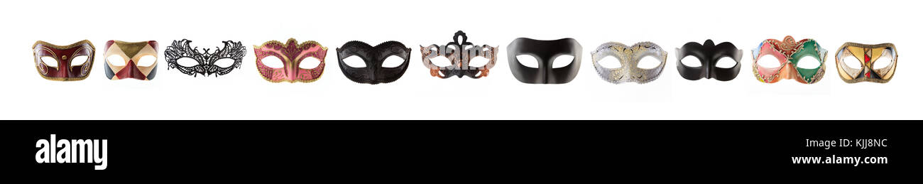 Karneval Masken Collage auf weißem Hintergrund, Vorderansicht Stockfoto