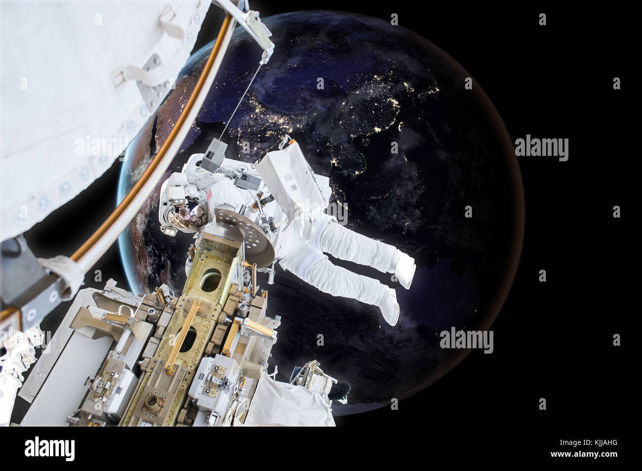 Astronauten schweben in der Stratosphäre in der Nähe eines Planeten Erde. Elemente dieses Bild von der NASA eingerichtet Stockfoto