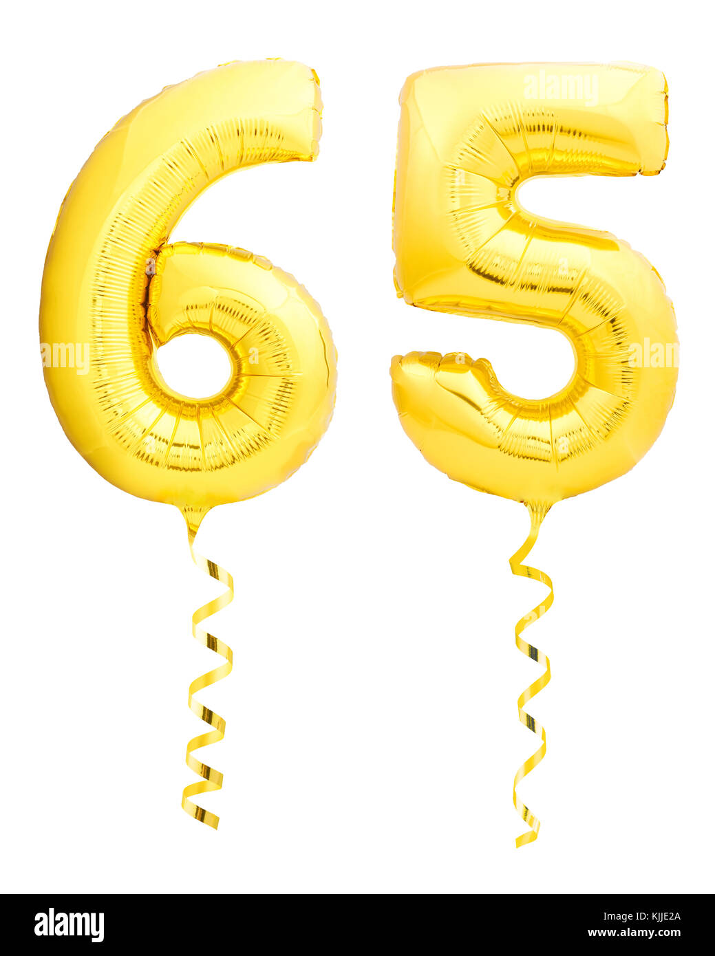 Goldene Zahl 65 65 Aus aufblasbaren Ballon mit Band auf Weiß Stockfoto