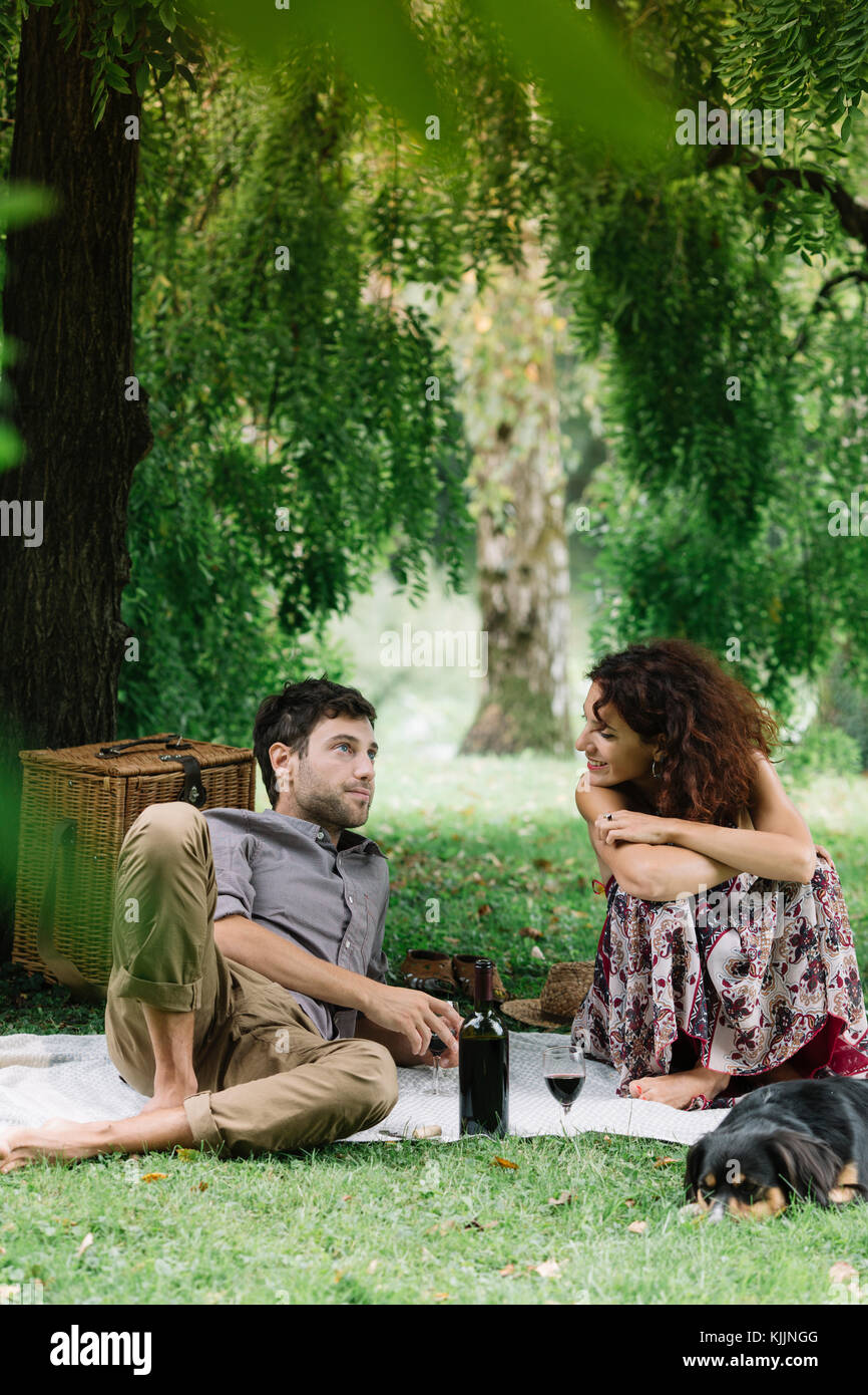 Paar mit Hund bei einem Picknick in einem Park Stockfoto
