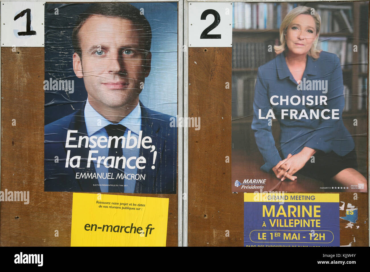 2017 französischen Präsidentschaftswahlkampf. Marine Le Pen vs Emamnuel Längestrich. Frankreich. Stockfoto