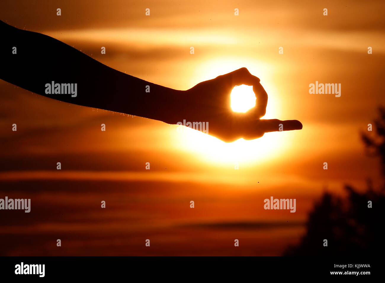 Nahaufnahme einer weiblichen Hand bildet eine Mudra Geste in Yoga und Meditation verwendet. Frankreich. Stockfoto