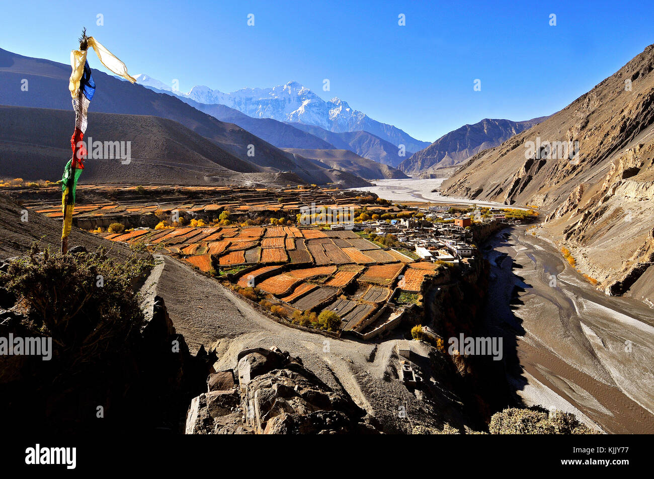 Kagbeni Dorf- & Kali Gandaki River, Mustang. Nepal. Stockfoto