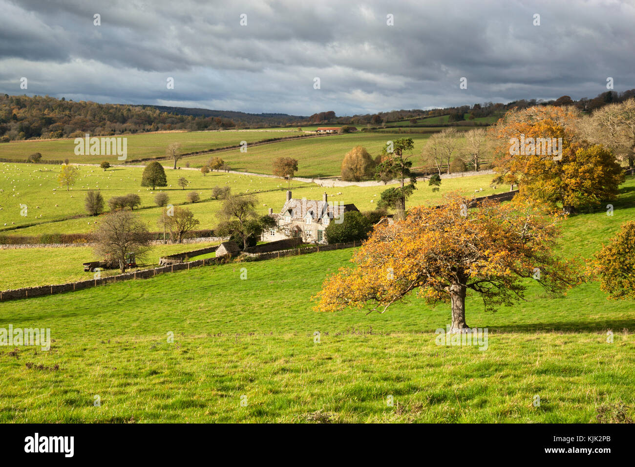 Cotswold Bauernhaus aus Stein in Cotswold Landschaft im Herbst, Stowell, Cotswolds, Gloucestershire, England, Vereinigtes Königreich, Europa Stockfoto