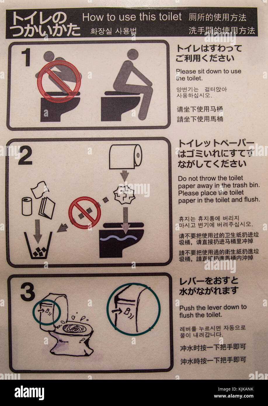 Wc Anweisungen gegeben werden, das in mehreren Sprachen. Japan ist eines der modernsten Toiletten der Welt. Japanischen Toiletten nahm einen riesigen Sprung i Stockfoto