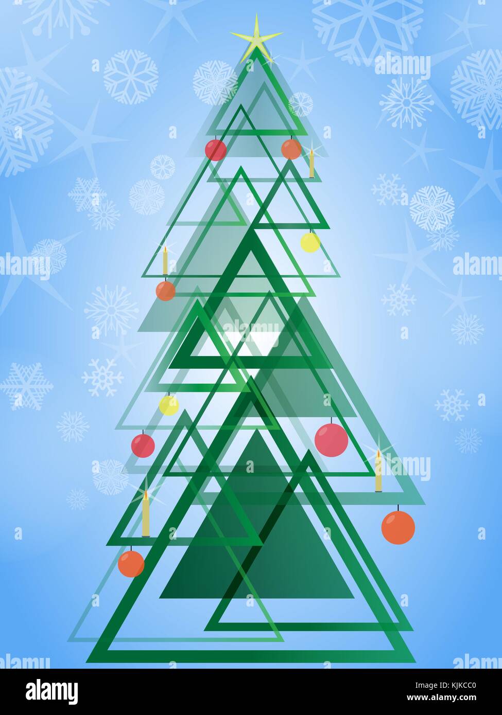 Abstrakte geometrische grüner Weihnachtsbaum. Triangle Design Pattern Weihnachtsbaum auf blauem Hintergrund mit Schneeflocken. Vector Illustration Stock Vektor