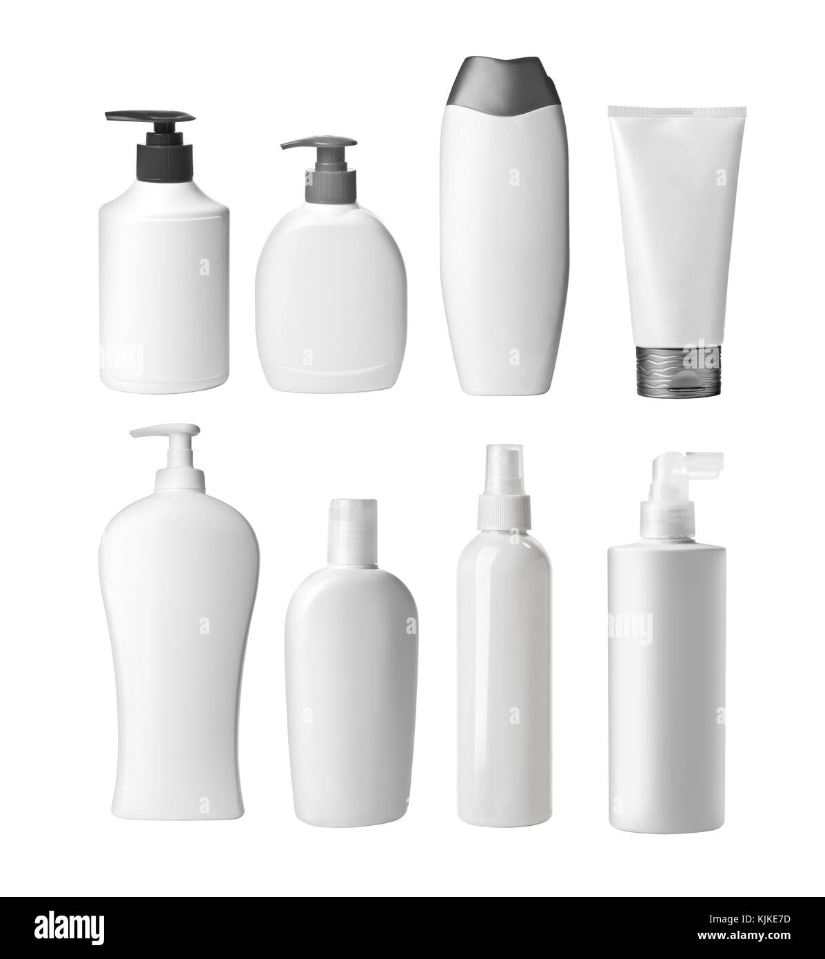 Sammlung von verschiedenen Schönheit hygiene Behälter auf weißem Hintergrund. Jede einzeln Geschossen ist Stockfoto