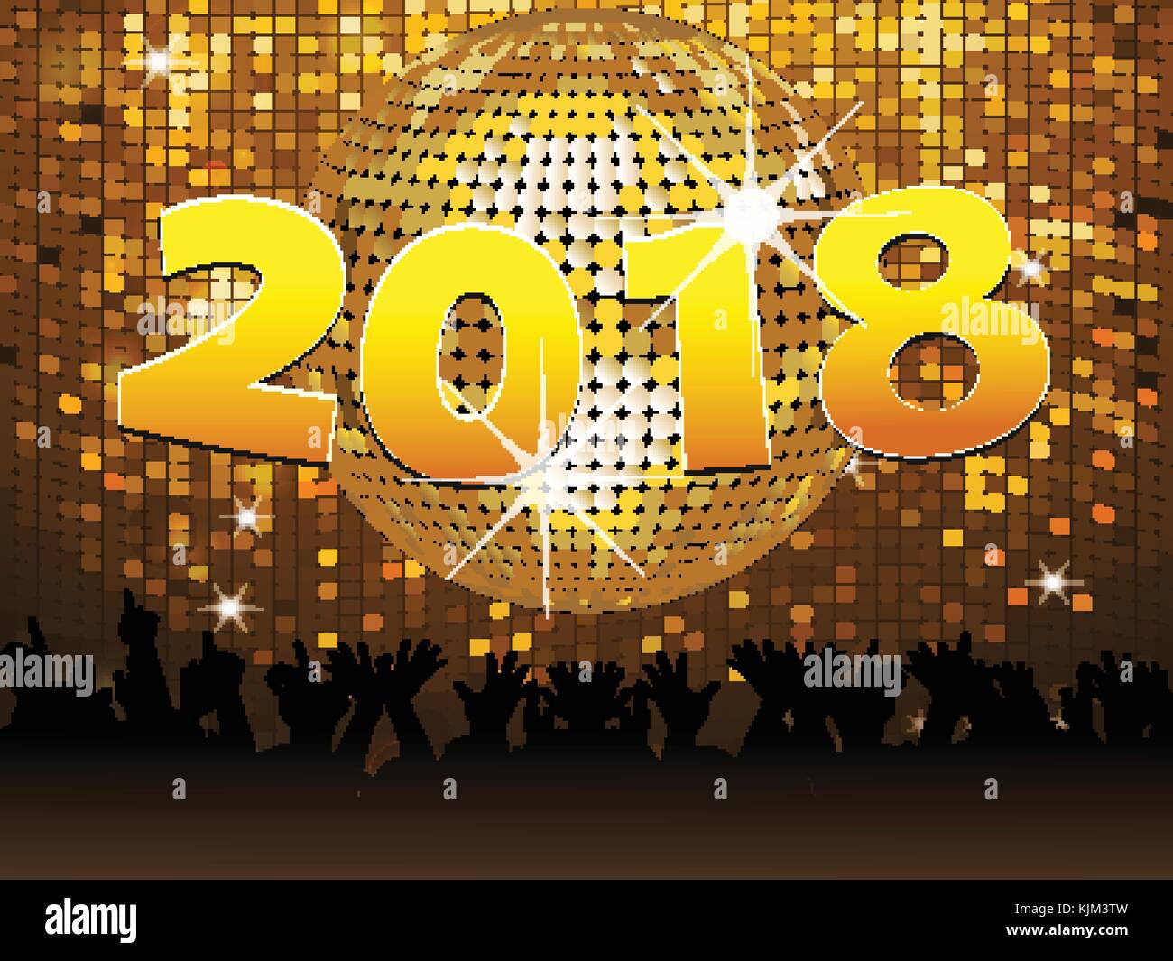 20 18 Silvester in der Goldenen Zahlen über Disco Kugel auf goldenen Fliesen Wand mit Masse Stock Vektor