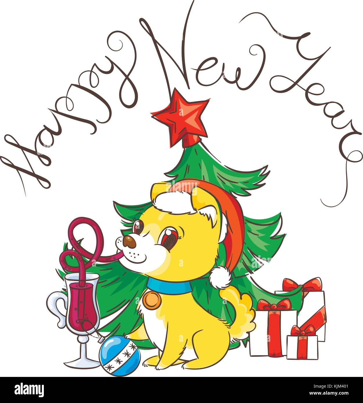 Goldenen Hund mit der Tasse Glühwein und Kuchen. Neues Jahr Symbol von 2018. Vector Illustration Stock Vektor
