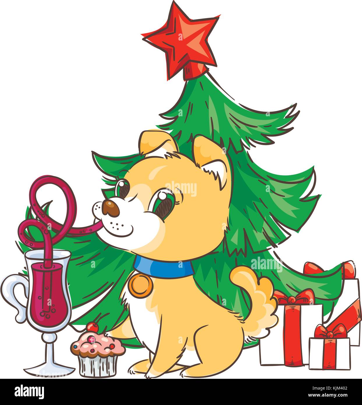 Goldenen Hund mit der Tasse Glühwein und Kuchen. Neues Jahr Symbol von 2018. Vector Illustration Stock Vektor