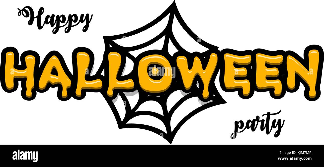 Gelbe Verschwommener Text, ähnlich wie Soße zu Kürbis. Vor dem Hintergrund eines stilisierten schwarzen Cobweb. Cartoon Stil für die Comics, die Partei für die Feier von Halloween. vector Logo. Stock Vektor
