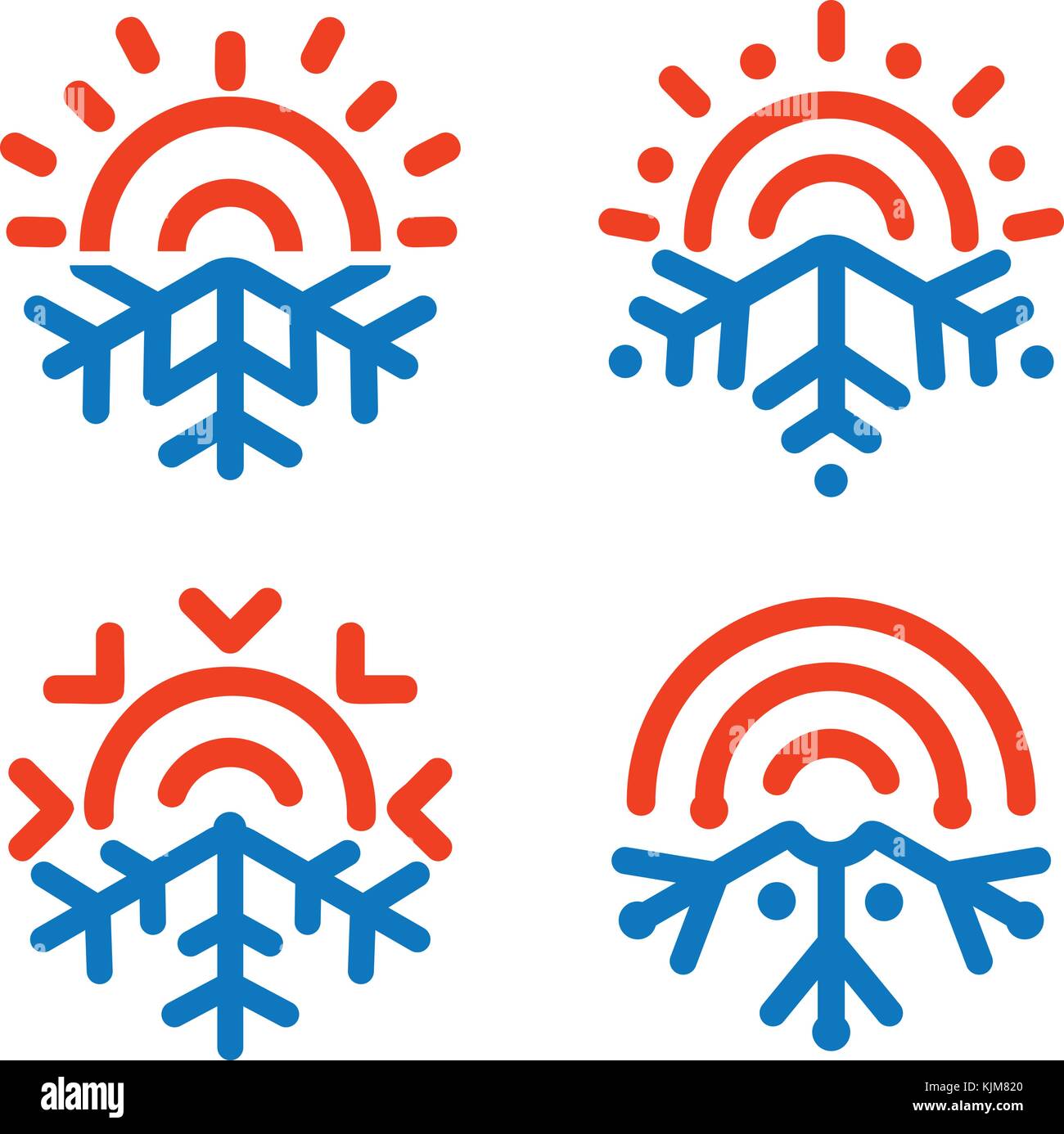 Sun und Schneeflocke Embleme. Wetter, Temperatur Symbol. Einfrieren, Heizung, sonnig, frosty Vektor Symbole. jedem Wetter abstrakte Logo. Klimaanlage, Klimaanlage mit Regelautomatik Infografik Designelemente. Stock Vektor