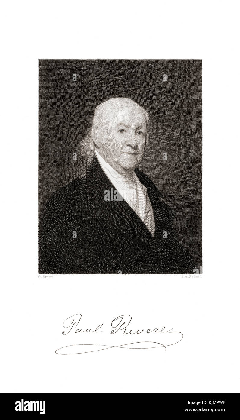 Paul Revere, 1734-1818. Patriot in der Amerikanischen Revolution, berühmt für seinen Ritt im April 1775, um die Kolonialmiliz vor der Annäherung an britische Truppen zu warnen. Stockfoto