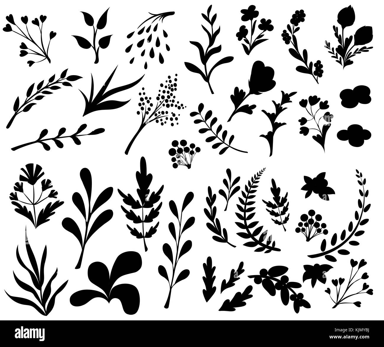 Vintage Set von Hand gezeichnet Zweige mit Blättern und Blumen auf weißem Hintergrund. Schwarze Silhouetten. Vector Illustration. Webseite und mobile Ein Stock Vektor