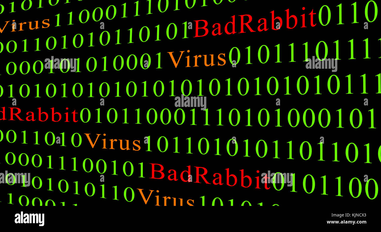 Konzept der Sicherheit und Viren und schlechte Kaninchen ransomware. roten Text von Bad rabbit und Grün ist der binäre Code. Stockfoto
