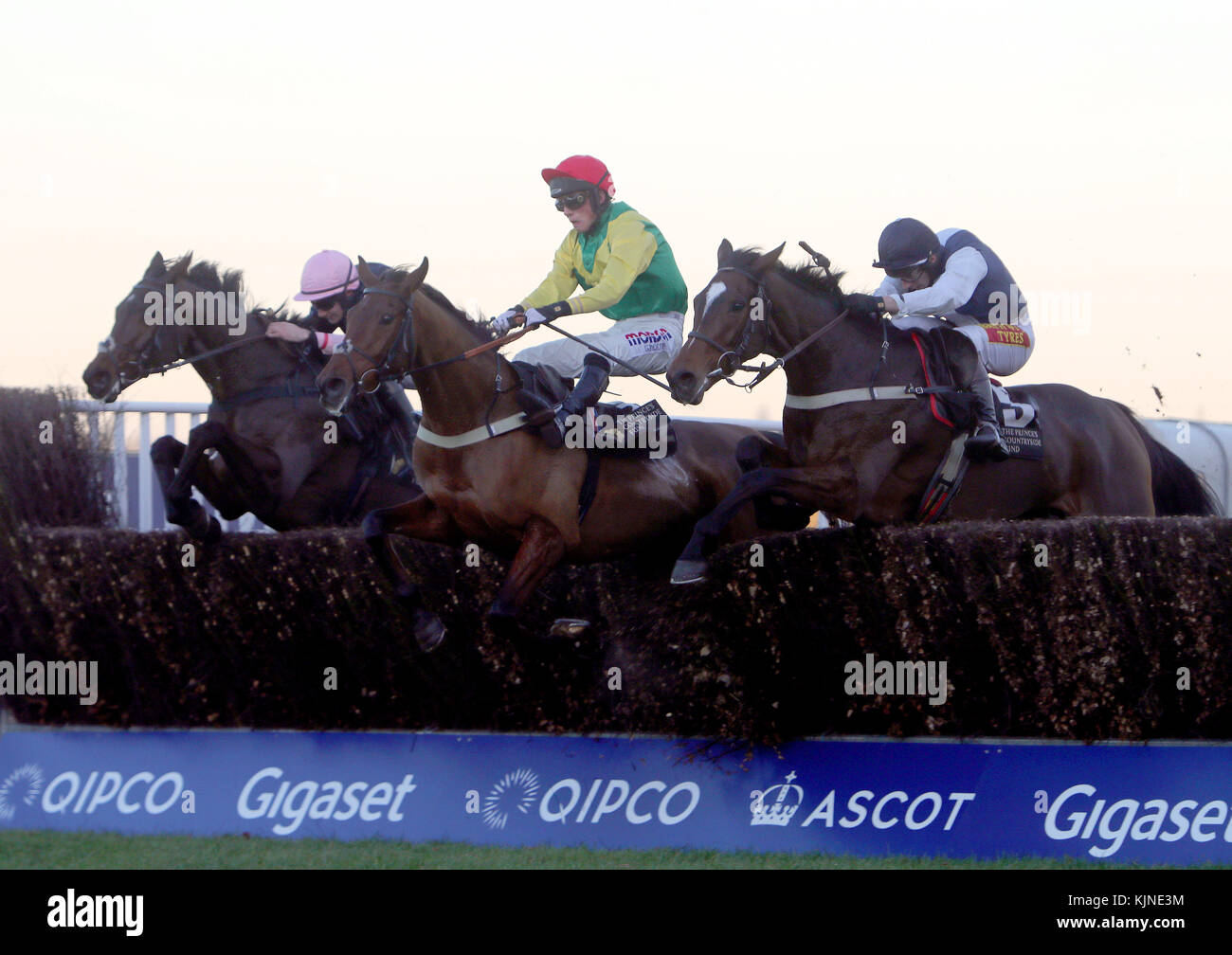 Walk in the Mill (nearside), der von James Best gefahren wird, schlägt Bally Longford (Mitte) und Brandon Hill (links), um die Davidstow Handicap-Verfolgungsjagd auf der Ascot Racourse zu gewinnen. Stockfoto