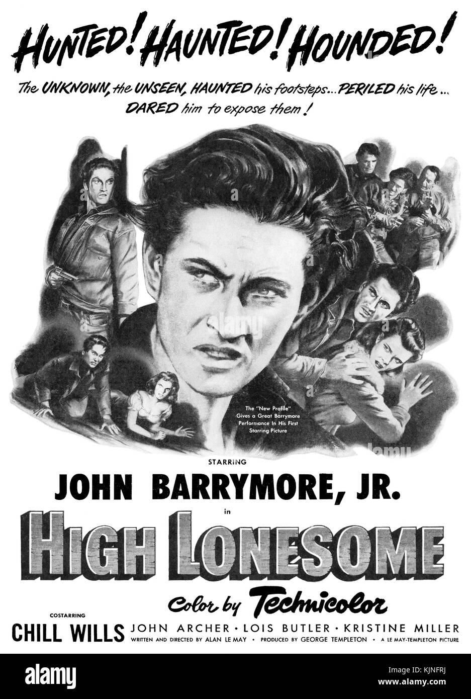 1950 US-Werbung für die Western High Lonesome, in der Hauptrolle John Barrymore jr. und Chill Wills. Stockfoto