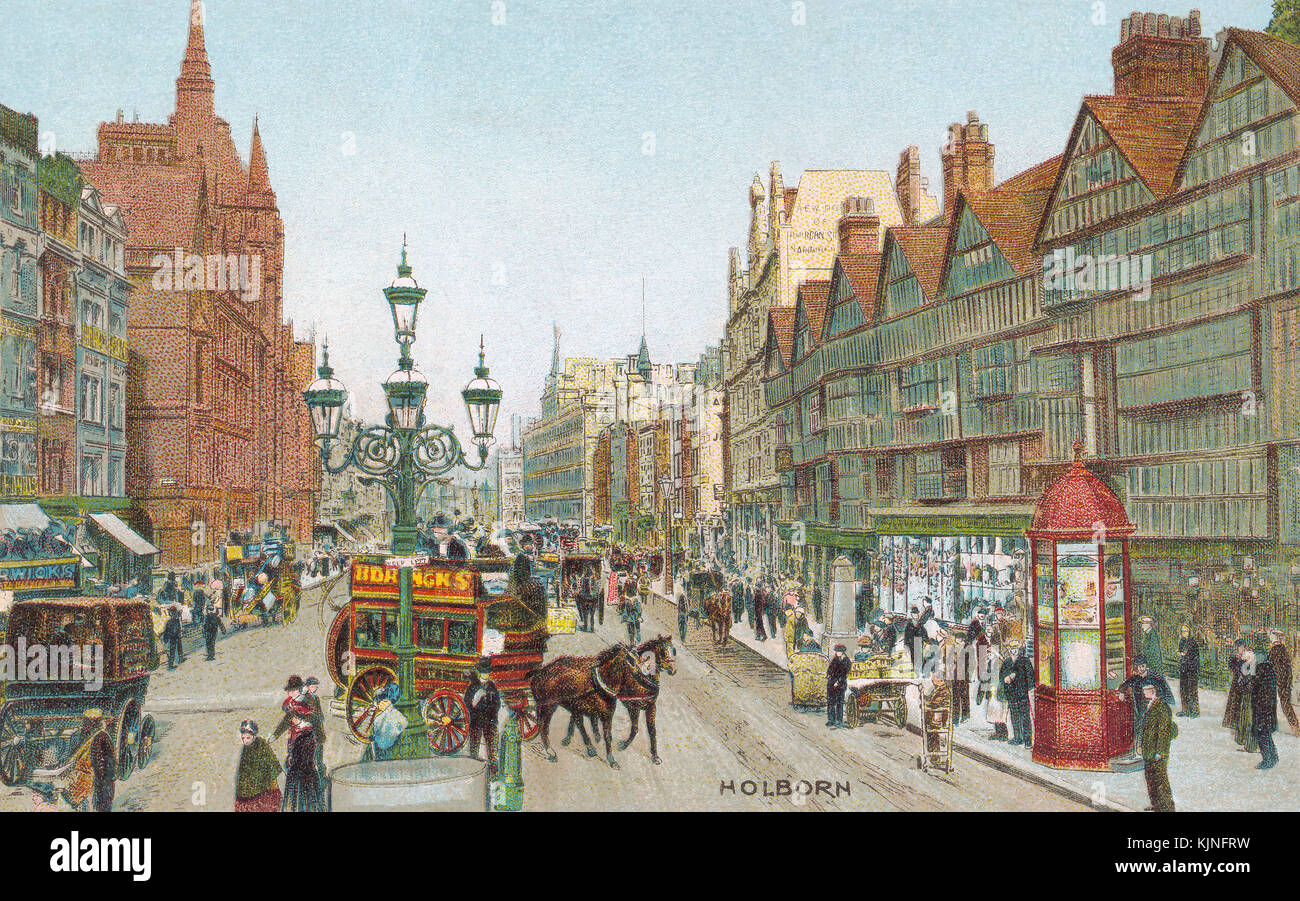 Edwardian Postkarte von Holborn, London. Staple Inn befindet sich auf der rechten Seite, Holborn Bars (auch als Prudential Assurance Gebäude bekannt) ist auf der linken Seite. Stockfoto