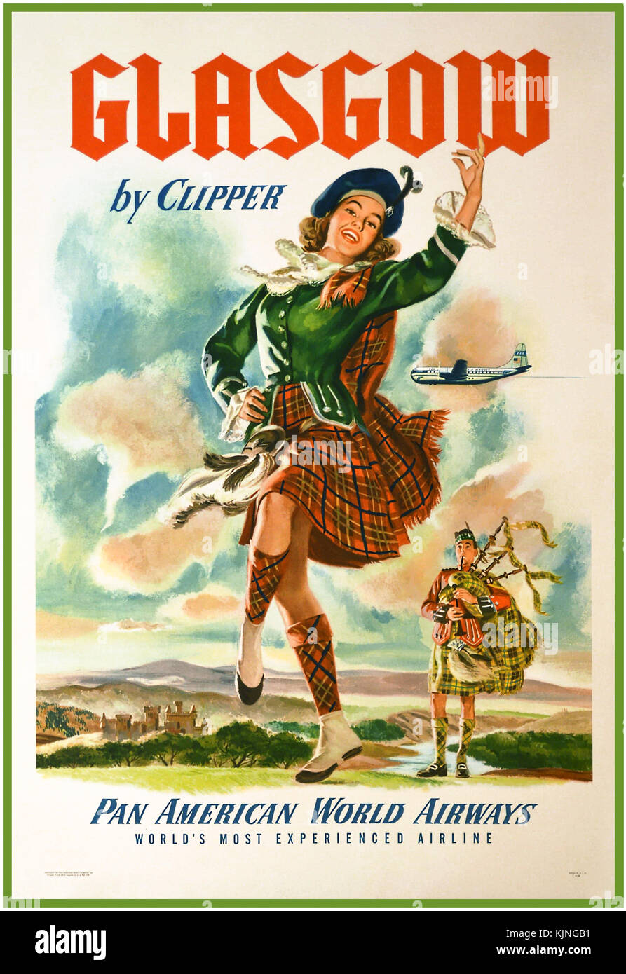 Vintage-Reiseplakat aus den 1960er Jahren GLASGOW Schottland von Pan American World Airways Clipper Aircraft. Mit einer traditionellen Tartan-Tänzerin, die zu einem männlichen Dudelsackspieler tanzt. Schottland Stockfoto
