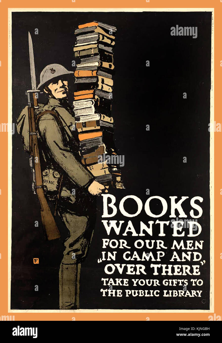1900 Vintage WW1 USA Propaganda Poster Bücher gesucht Für unsere Männer im Lager und "Drüben", das Plakat von Charles Schnallen fällt, 1918. Eure Gaben der Öffentlichen Bibliothek Stockfoto